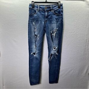 American Eagle Distressed Trashed Hi-Rise Jegging Jeans Womens 0 Blue Denim 2715